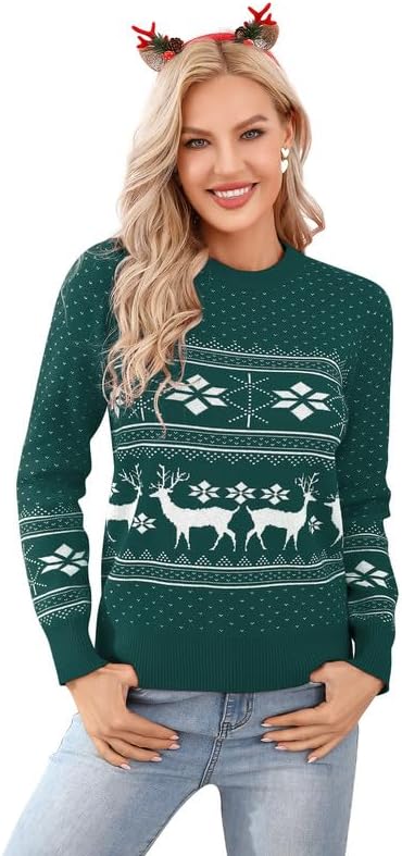 Family Matching Christmas Sweater Reindeer Snowflakes Knitted Ugly Crew Neck Pullover for Women/Men/Kids