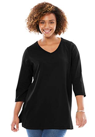 Woman Within Women's Plus Size Perfect V-Neck Three-Quarter Sleeve Tunic