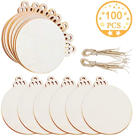 Jolik 100pcs Christmas Wooden Ornaments Unfinished 3.5" Blank Wood Discs for Kids DIY Crafts Centerpieces Holiday Hanging Decorations
