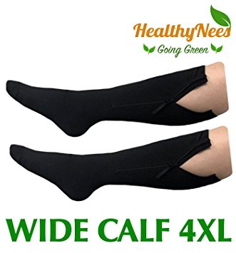HealthyNees Closed Toe Extra Big Wide Calf Shin Plus Size 20-30 mmHg Compression Grade Leg Length Swelling Circulation Women Men Socks (With Zipper Black, Wide Calf 4XL)