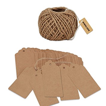 KINGLAKE 100 PCS Kraft Paper Gift Tags with String Christmas Gift Tag Wedding Tags with 30 Meters Natural Jute Twine Retangle Hanging Tags Bonbonniere Favor for Crafts & Price Tags Lables