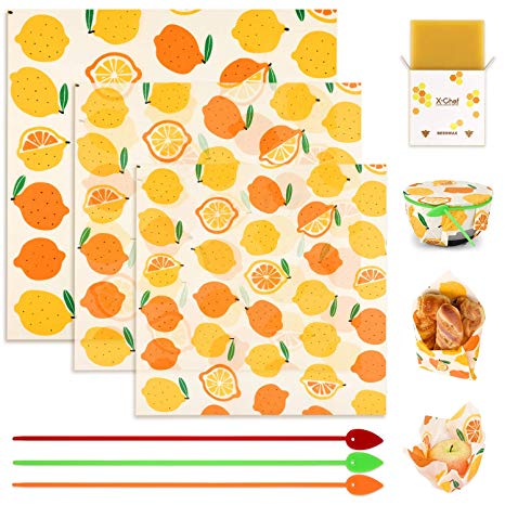 X-Chef Beeswax Food Wrap, Reusable Food Wraps Organic Eco-Friendly Plastic Free for Wrapping Sandwich or Bowl Cover, with 3 Silicone Ties, Polishing Cloth and Wax Bar, 3 Pack (9x9, 12x12 & 15x15inch)