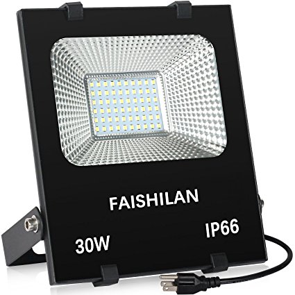 FAISHILAN 30W LED Flood Light Outdoor IP66 Waterproof with US-3 Plug 5000Lm for Garage,Garden,Yard
