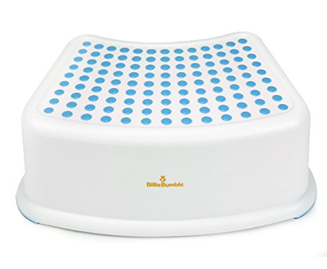 Step Stool For Kids to Easily Reach the Toilet, Bathroom Sink, High Bed, & Countertops. Curved Design with Blue Silicone Blue Dots for Stepping Grip. Portable, Lightweight, Child Friendly & BPA Free.