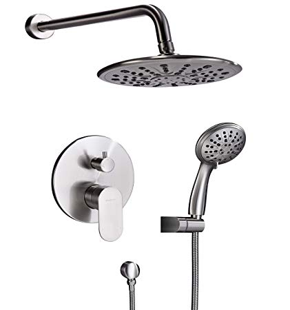 Shower System, Wall Mounted Shower Faucet Set for Bathroom with High Pressure 8" Rain Shower head and 3-Setting Handheld Shower Head, Brushed Nickel （Rough in Pressure Balance Valve Included）