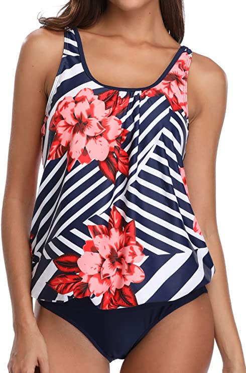Yonique Blouson Tankini Swimsuits for Women Modest Bathing Suits Two Piece Loose Fit Swimwear