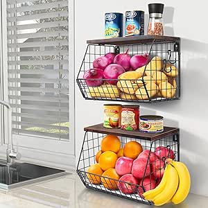 Mefirt 2pcs Fruit Basket Onion Storage Wire Baskets with Wood Lid, Stackable Wall-Mounted & Countertop Tiered Kitchen Counter Organizer for Snack, Fruit and Vegetable Storage, 11.8 * 7.9 * 8.5 Inches