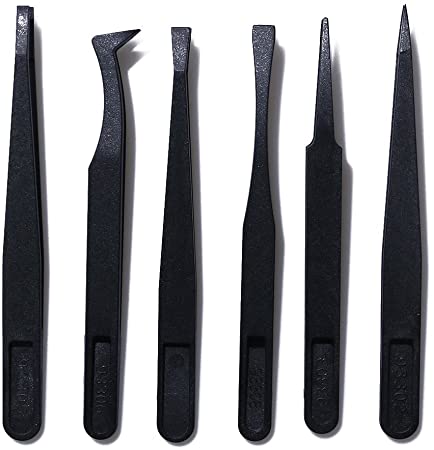 6pcs Precision Tweezers, Plastic Tweezers Set for Electronics DIY Jewelry-making Repair Tool, Black