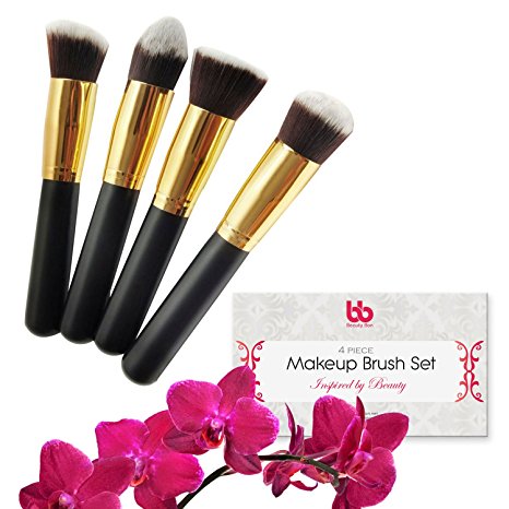 Professional Makeup Brushes, Set, 4 Pieces, Vegan, with Plastic Handles, Kabuki Flat Brushes for Blending, Highlighting & Contouring, By Beauty Bon