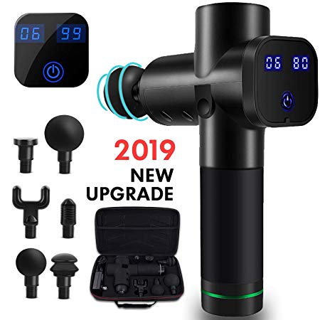 Massage Gun, 2019 Newest Professional Deep Tissue Massager with Ultra-Quiet 6-Speed Touch Screen Adjustment, Timer Function and 6 Massage Heads for Muscle Tension Relief