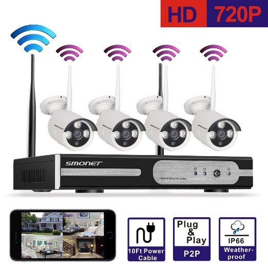 [Sales]Smonet 4 CH/Channel 720P(1280x720) HD Wireless Video Security System (NVR Kits), 4PCS 1.0MP Wireless Weatherproof Bullet IP Cameras,Plug and Play,65FT Night Vision,No Hard Drive