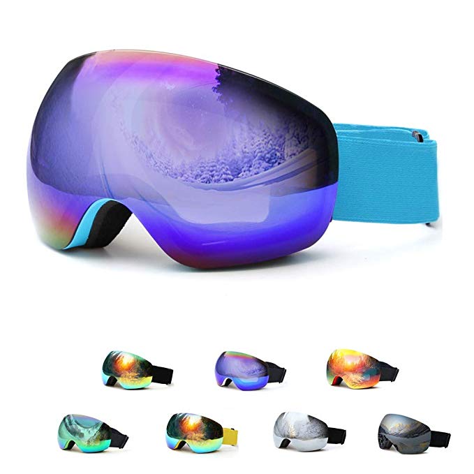 HesVap Ski Snowboard Goggles, Winter Snow Sports Snowboard Large Spherical Frameless Goggles with Anti-Fog for 100% UV400 Protection Interchangeable REVO Mirror Lenses for Men & Women