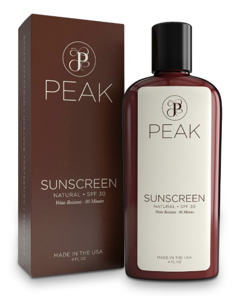 Sunscreen Sunblock SPF 30 All Natural Ingredients UVA UVB Broad Spectrum Protection Water Resistant 80 Minutes Eco-Friendly Non Toxic Non-Allergenic Unscented Mineral Based 4oz By Peak
