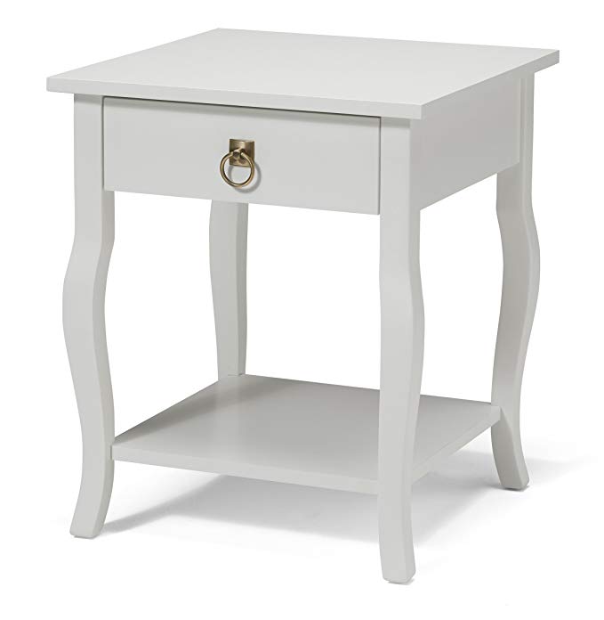 Kate and Laurel 209310 Lillian Wood Side Table with Curved Legs, Drawer, and Shelf, White, True White