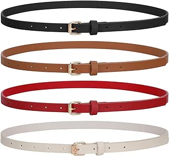 JASGOOD 4 Pack Skinny Women Leather Belt for Dresses Thin Waist Belt for Jeans Pants with Gold Buckle