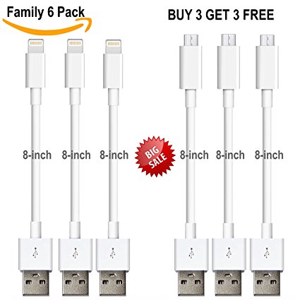 USB Charging Cable,6 Pack Micro USB Charging Cable for Android and iphone 8 inches USB Charger Cable and Iphone Cable Lightning Perfect for Cellphone Charging Station