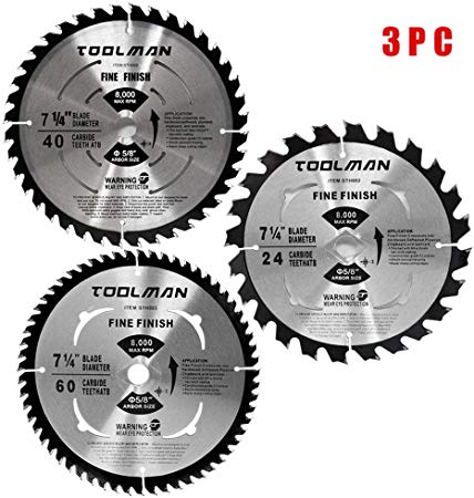 Toolman Premium Multifunctional Carbide-Tipped Circular Saw Blade Universal Fit 7-1/4" 5/8" 60T Table Miter Cutting For Wood Chipboard works with DeWalt Makita Ryobi S020305