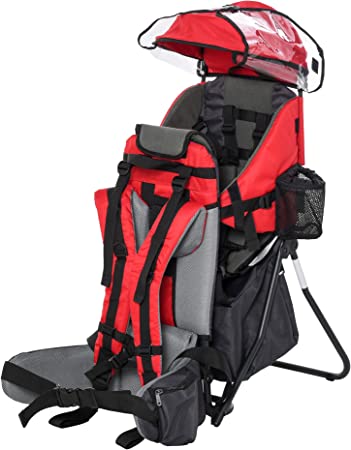 HOMCOM Mochila Portabebés Plegable Portador de Bebé Ergonómica con Techo Impermeable Base de Soporte y Múltiples Bolsillos para 6-36 Meses Carga 15 kg 38x77x87,5 cm Rojo