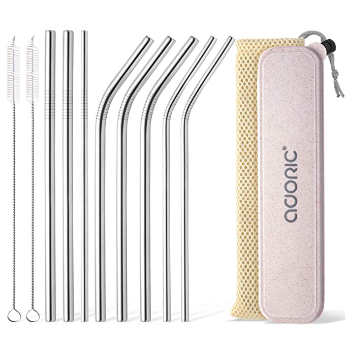 Stainless Steel Straws, Adoric Set of 8 Reusable Straws- 8.5Inch Drinking Straws Metal Straws with Case (6mm Diameter - 1 Straight 2 Bent, 8mm Diameter - 2 Straight 3 Bent, 2 Brushes 1 Pouch 1 Case)