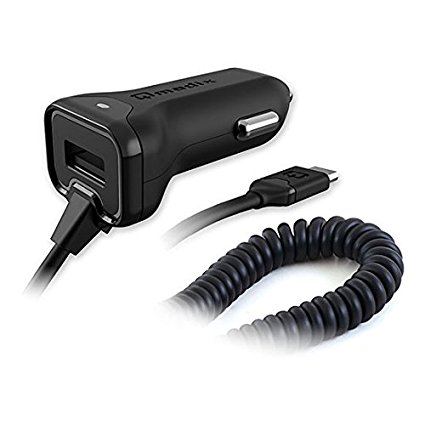Qmadix 3.4 Amp Micro USB Car Charger with USB Port - 7ft Coil Cord up to 17 Watts of Power - Charge 2 Devices Simultaneously