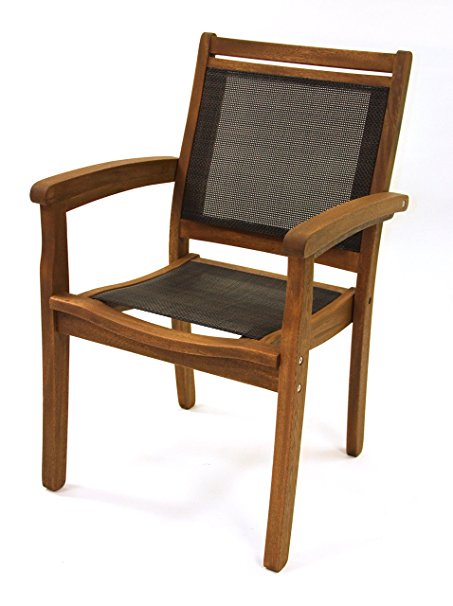 Outdoor Interiors 10555BW Sling and Eucalyptus Stackable Arm Chair, Brown