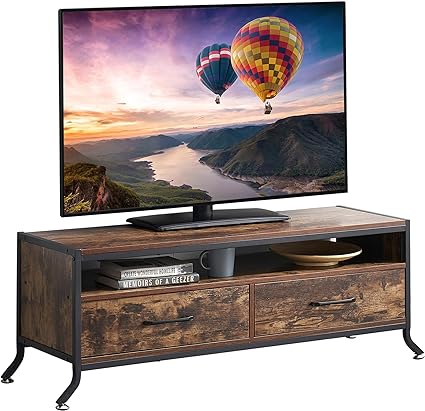 VECELO Industrial Television Entertainment Center with 2 Storage Drawers for Living Room, TV Stand, Dark Brown