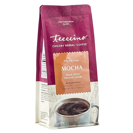 Teeccino Mocha Chicory Herbal Coffee Alternative, Caffeine Free, Acid Free, Coffee Substitute, Prebiotic, 11 Ounce