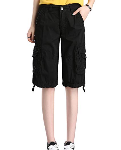 HOW'ON Women's Casual Loose Fit Twill Bermuda Cargo Shorts Multi Pocket Straight Shorts