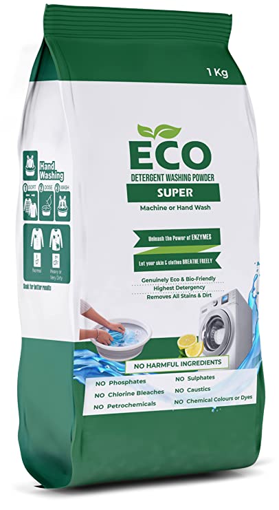 ECO Detergent Washing Powder No Harmful Ingredients | made with Natural ingredients, Phosphate free No Sulphates, No Caustics | Laundry Detergent Powder for Front & Top Load (1 Kg, Super)