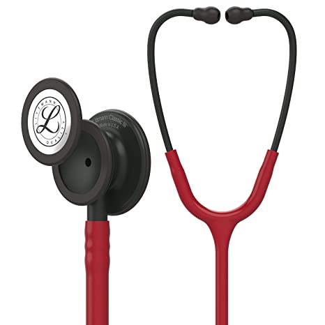 3M Littmann Classic III Monitoring Stethoscope, Black-Finish Chestpiece, stem and headset, Burgundy Tube, 27 inch, 5868