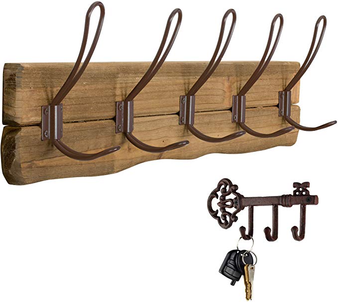 LULIND - Rustic Wall Mounted Coat Rack with 5 Brown Hooks and 1 Key Holder (Real Cedar Wood)