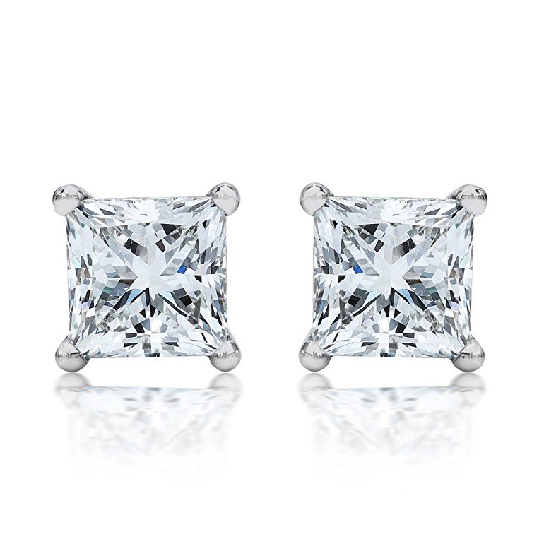 1 Carat Solitaire Diamond Stud Earrings Princess Cut 4 Prong Push Back (I-J Color, VS1-VS2 Clarity)