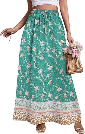 Zeagoo Women's 2024 Boho Floral Skirt Casual Elastic High Waist Maxi Skirts Flowy A Line Beach Long Skirt with Side Pockets