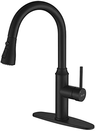 Pull Down Kitchen Faucet-Arofa A01BY Solid Brass Commercial Matte Black Single Handle Pull Out Kitchen Sink Faucet with Sprayer