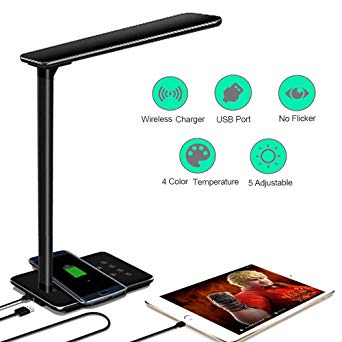 LED Desk Lamp Eye-Care Touch Sensitive, HyAdierTech Smart Eye Caring Table Lamp with Wireless Charger, 5-Level Brightness, 4 Colors Daylight Lamp for Office School Study Reading [Energy Class A  ]