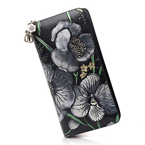 APHISONUK Ladies Genuine Leather Long Wallet Classic Painted Clutch Card Holder Purse for Women/Silver Garden/Gift Box