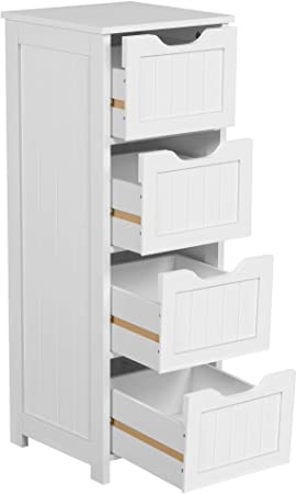 Yaheetech Bathroom Floor Storage Cabinet with 4 Drawers, Wooden Side Cabinet Free-Standing Organizer Unit, White