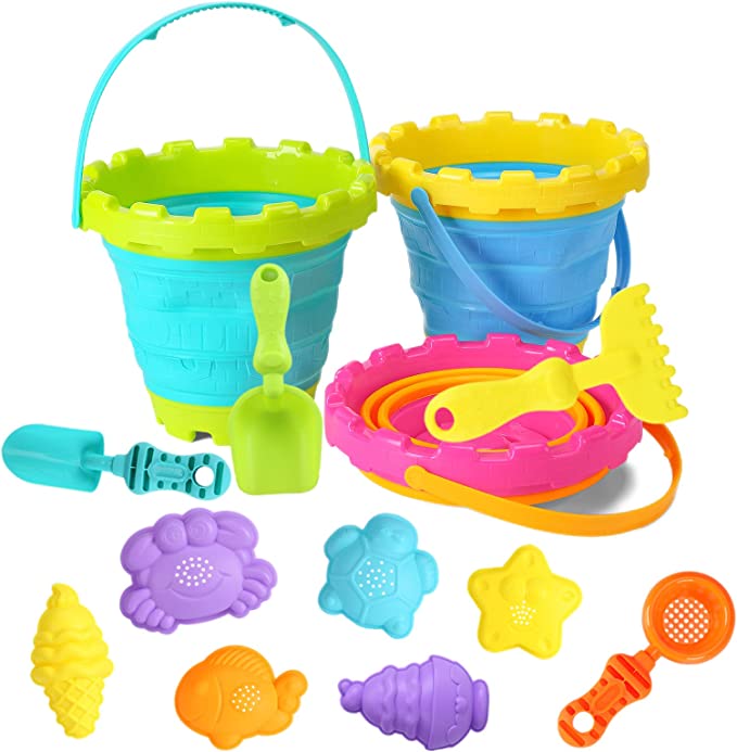 ThinkMax Beach Toy for Kids,Beach Sand Playest Set Includes Folding Bucket,Animal Molds,Sand Shovel Tool Kits (13pcs)