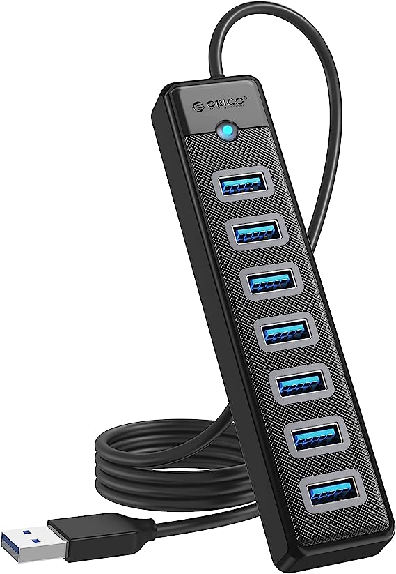 ORICO 7-Port USB Hub 3.0 with 3.28ft Extension Cable and Tapy-c Charger Port, 5Gbps Fast Data USB Splitter Transfer Multi USB Port Expander for Laptop, PC, Flash Drive, Printer, Mobile HDD