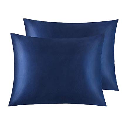 NTBAY Silky Satin Standard Pillowcases for Hair Set of 2, Super Soft and Luxury, Hidden Zipper Design, 20"x 26" (Navy Blue)