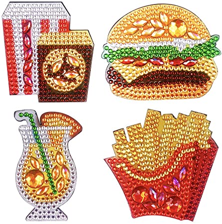 4pcs DIY Refrigerator Magnet Sticker Diamond Painting Kits Full Drill Special Shaped Fridge Magnet Decals for Office Cabinet Refrigerator Whiteboard Notes Memos Photos Gift (Burger Fries Food)