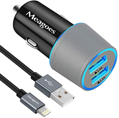 Meagoes Car Charger MFi Certified, 24W/4.8A Dual USB Ports Car Charging Adapter Compatible for Apple iPhone 11/Pro/Max/SE 2020/XS/XR/X/8 Plus/8/7/6S/6/SE, with 3.3ft USB Lightning Cable Cord