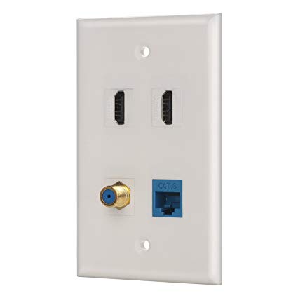 IBL-4 Port Wall Plate with Coaxial TV Cable F Type   Cat6 Ethernet  2 HDMI Keystone Female to Female Jack in White