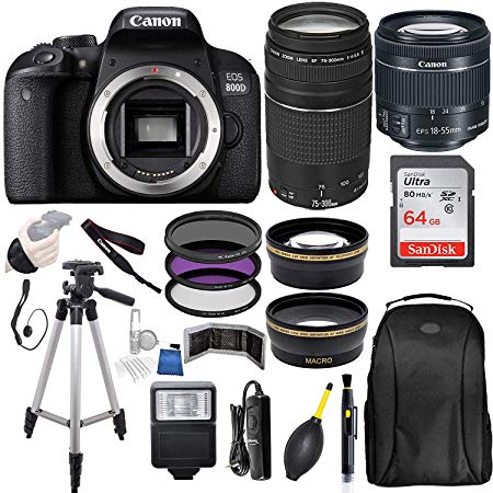 Canon EOS 800D (Rebel T7i) 18-55mm is STM Lens (Black) with Canon EF 75-300MM Lens Professional Accessory Bundle Package Includes: SanDisk 64gb Card   50’’ Tripod and More