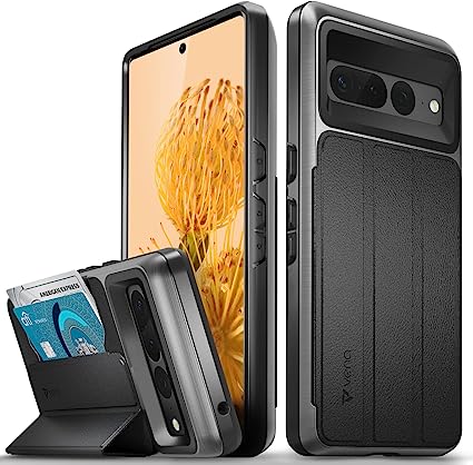Vena vCommute Wallet Case Compatible with Google Pixel 7 Pro (2022), (Military Grade Drop Protection) Flip Leather Cover Card Slot Holder with Kickstand - Space Gray