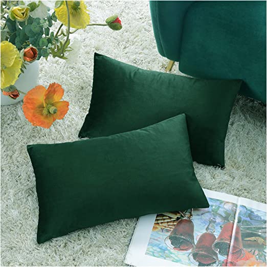 COMFORTLAND 2 Pack Decorative Throw Pillow Covers, Lumbar Soft Luxury Velvet Cushion Sham, 12x20 Solid Pillowcase Set for Sofa Couch Bed Chair Car Home Decor, Army Green