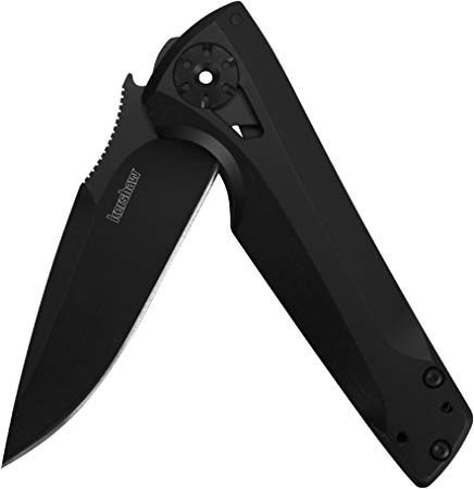 Kershaw Flythrough Pocket Knife (1988); RJ Martin Design; 3-inch 8Cr13MoV Steel, Drop-Point Blade with Black Oxide Coating; Features See-Through Pivot, Frame Lock, KVT Manual Open with Flipper; 3.7oz