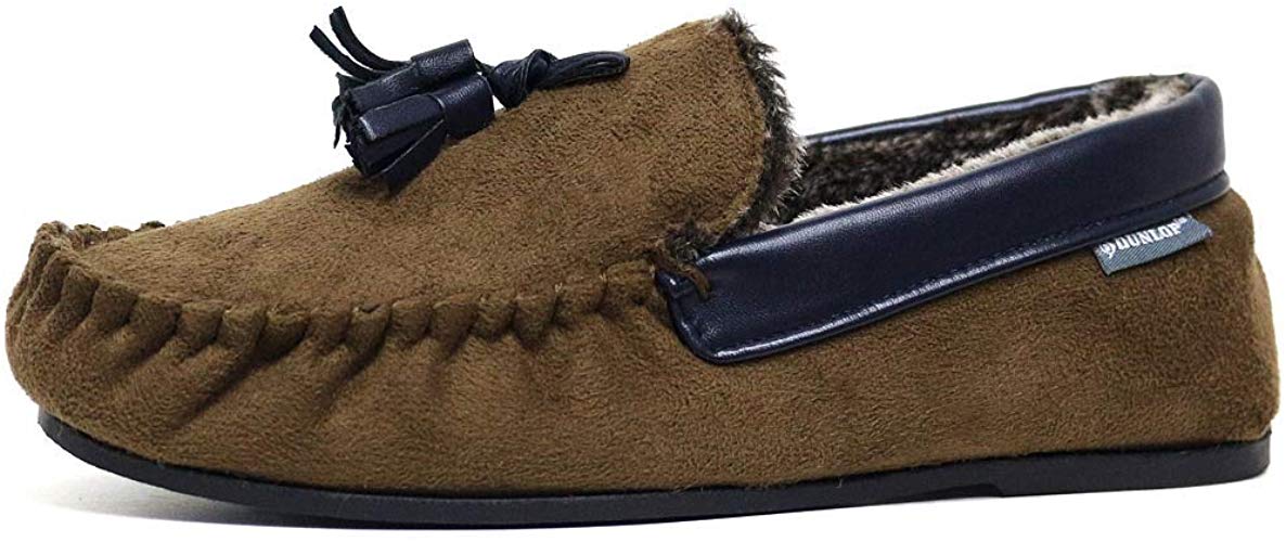 Mens Famous Dunlop GEORGE Moccasin Loafers Faux Sheepskin Fur Slippers with Rubber Sole