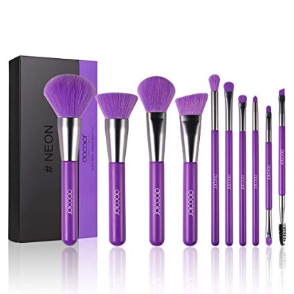 Docolor Makeup Brushes 10 Piece Neon Purple Makeup Brush Set Premium Synthetic Kabuki Foundation Blending Face Powder Mineral Eyeshadow Make Up Brushes Set