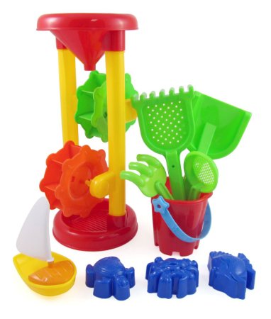 Double Sand Wheel Beach Toy Set for Kids with Bucket Shovels Rakes Sailboat and 3 Shape Molds